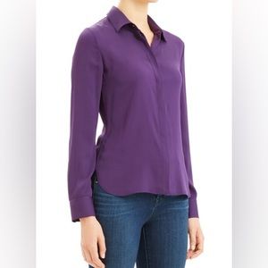Theory Plum Stretch Silk Blend Button Front Fitted Shirt Blouse